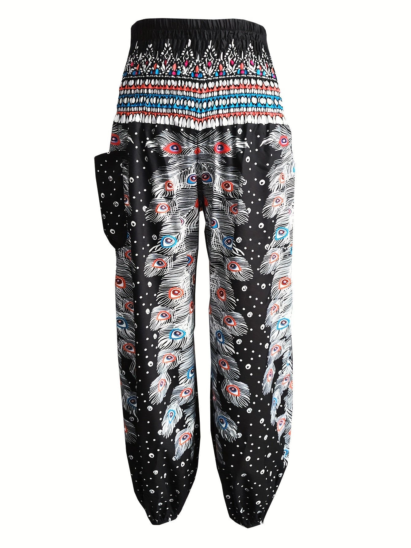Feather Print High Rise Carrot Pants With Pockets