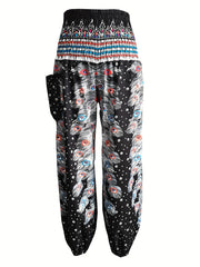 Feather Print High Rise Carrot Pants With Pockets