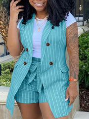 Stripe Print Blazer & Shorts Set with Belt