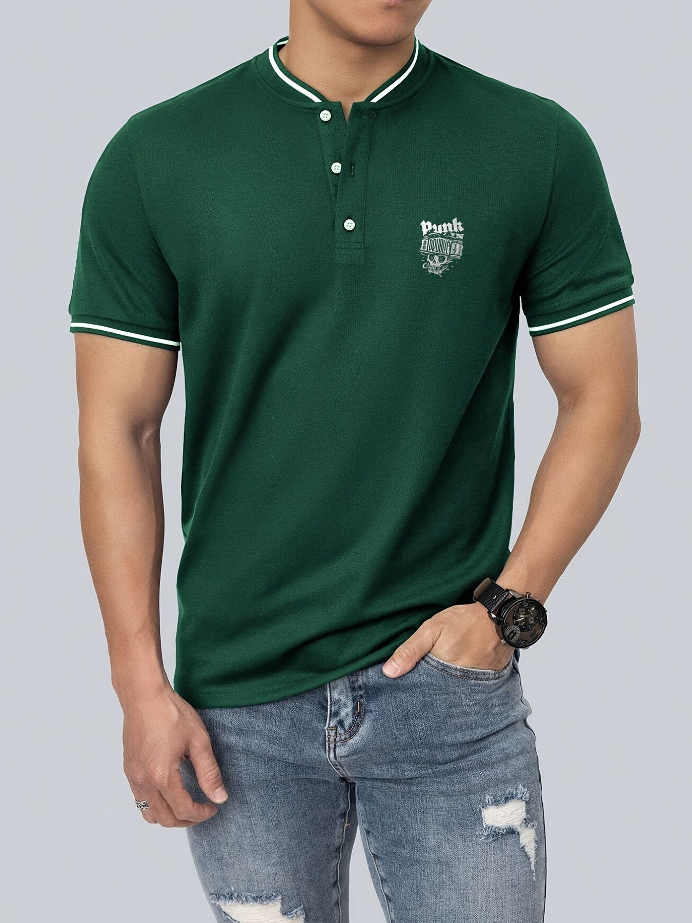 Men's Punk Skull Graphic Shirt Casual Button Up Polo Shirt for Summer