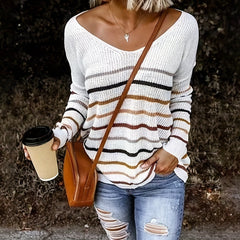 Striped Print Knit Sweater V Neck Long Sleeve Casual