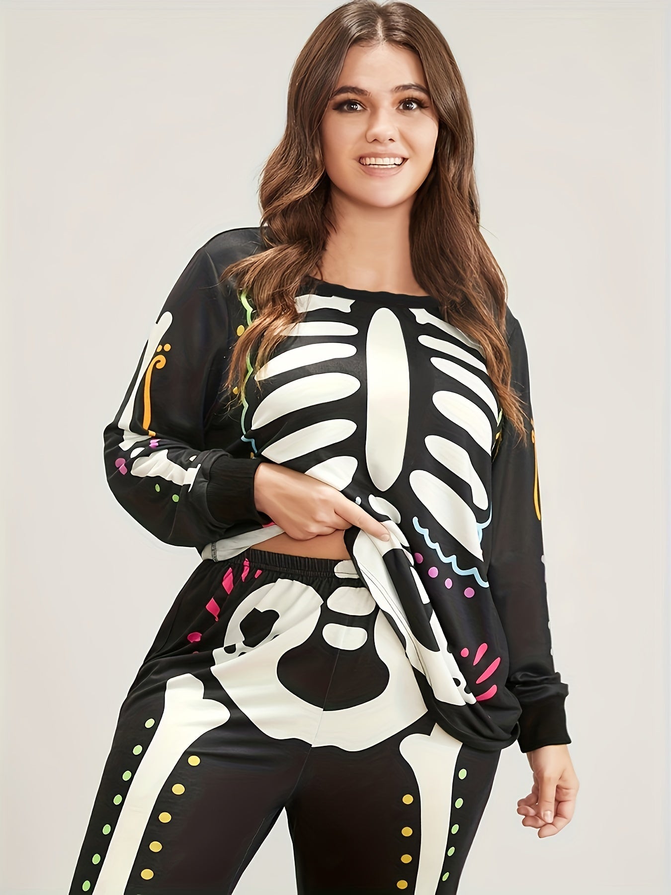 Skeleton Print Long Sleeve Top & Pants Pajama Set