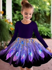 Peacock Tail Print Long Sleeve Crew Neck Dress For Girls