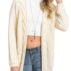 Solid Cable Long Sleeve Open Front Cardigan With Pockets