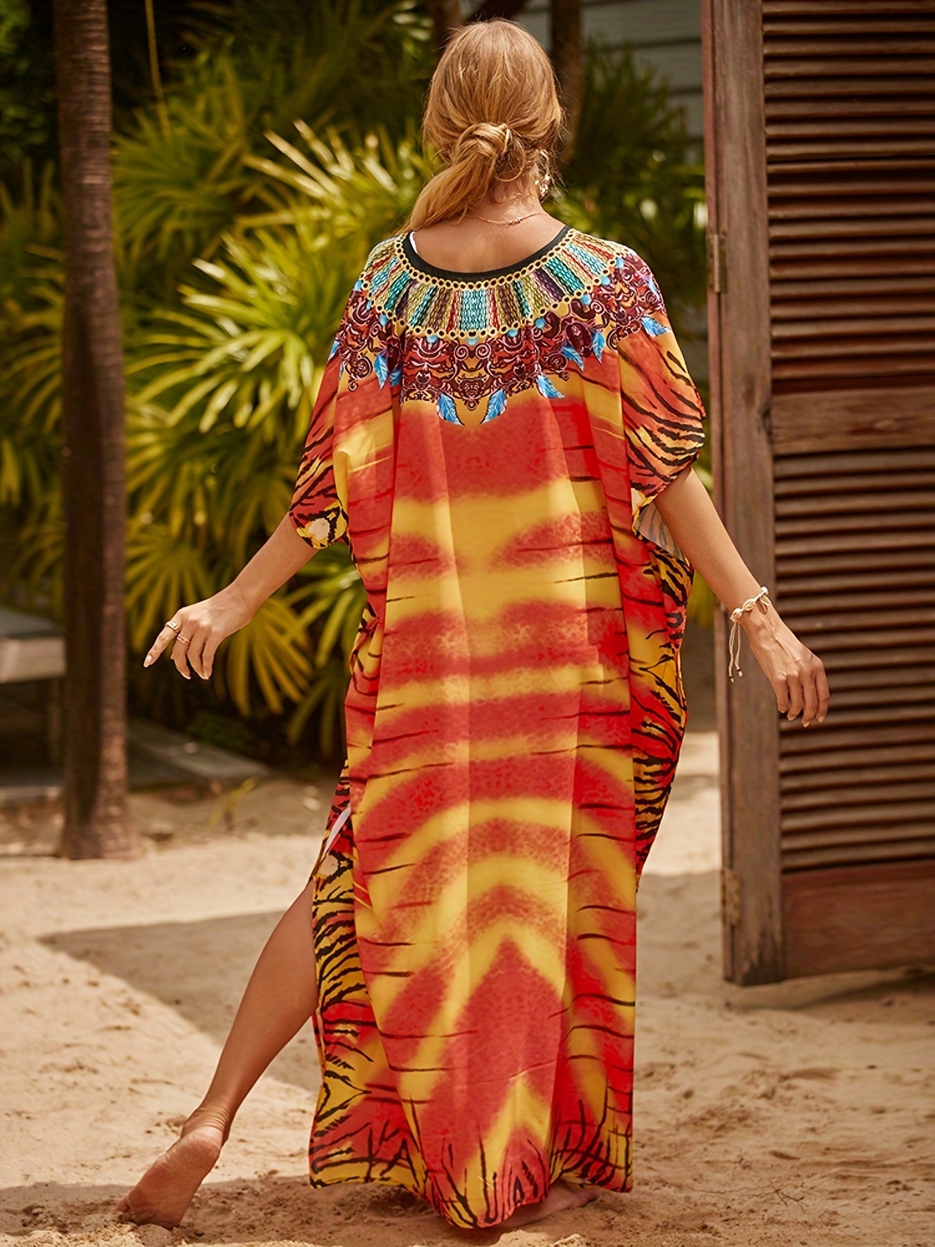 Floral Print Bat Sleeve V Neck Cover Up Dress