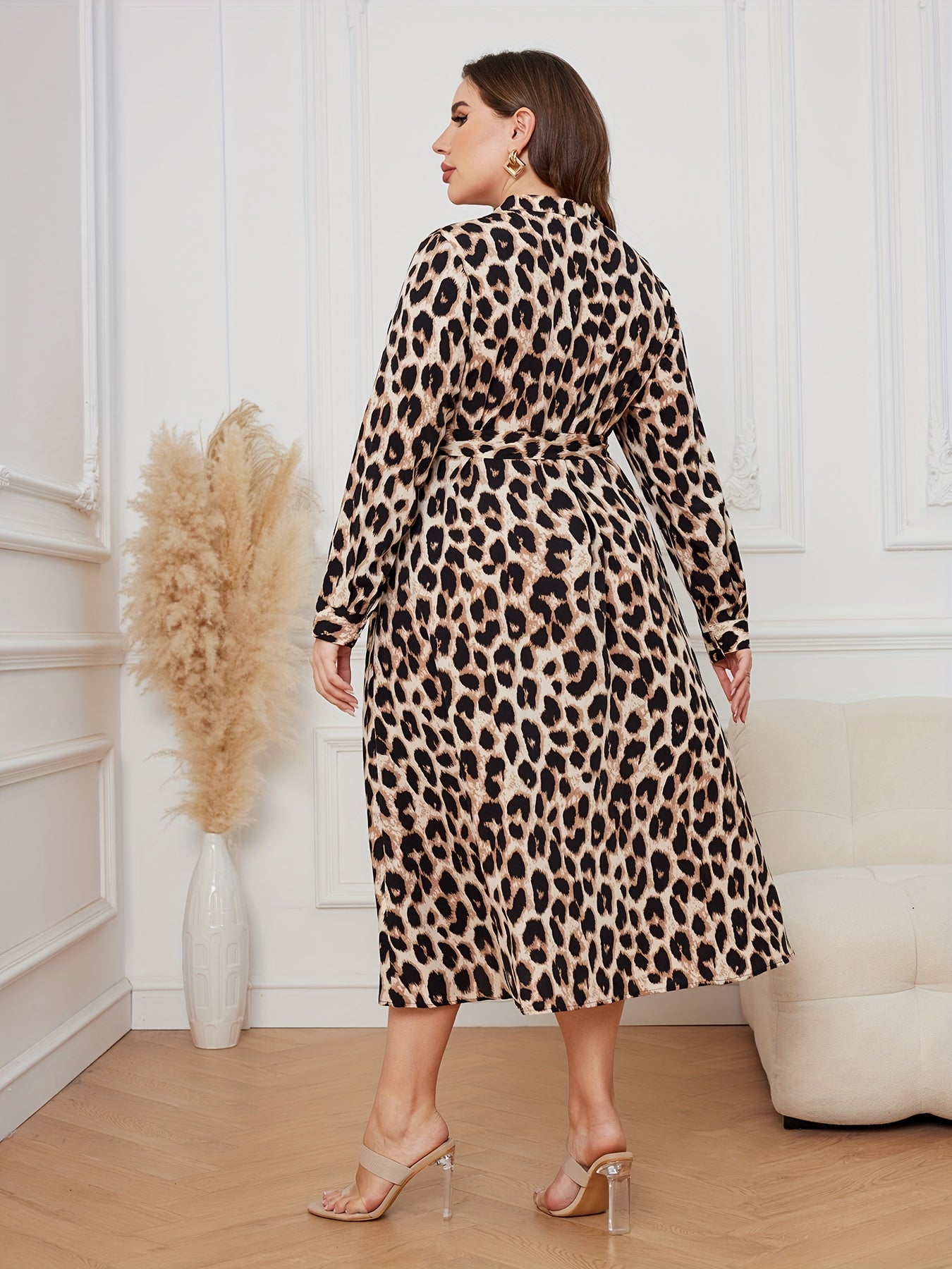 Leopard Print V Neck Midi Dress With Belt