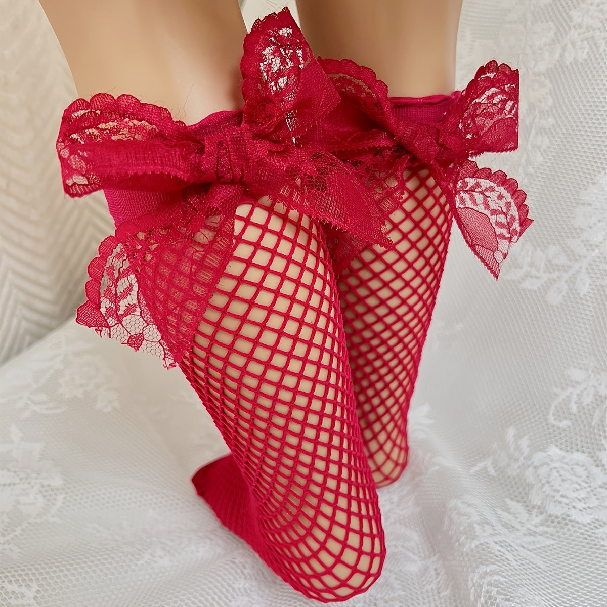 Girls Fishnet Lace Bow Over Calf Socks