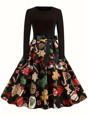 Colorblock Christmas Print Tie Front A-line Maxi Dress
