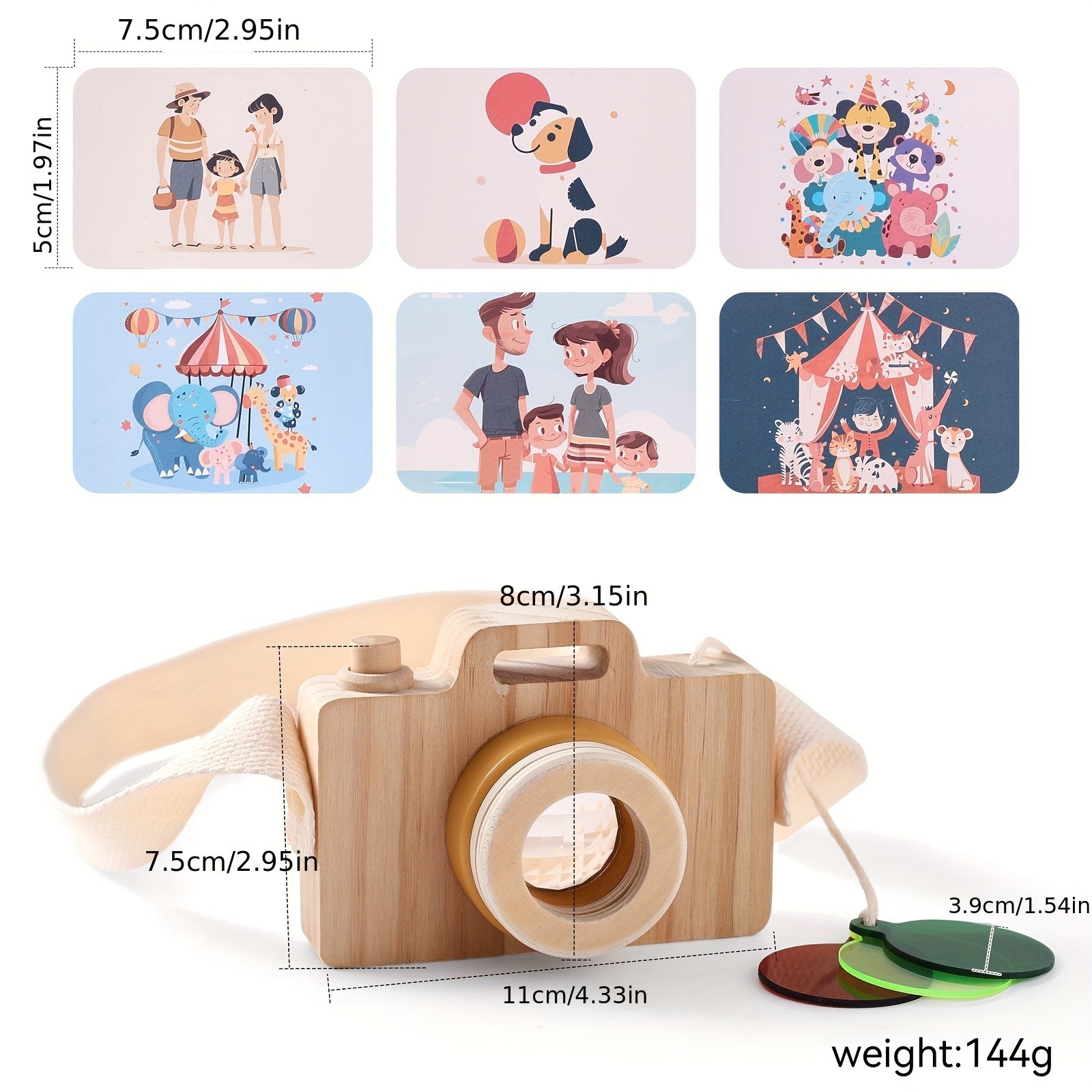 Wooden Cartoon Camera Toy for Kids with Strap and Cards