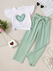Girls Heart Print Ruffle Short Sleeve T shirt & Pants 2pcs Bow Belt