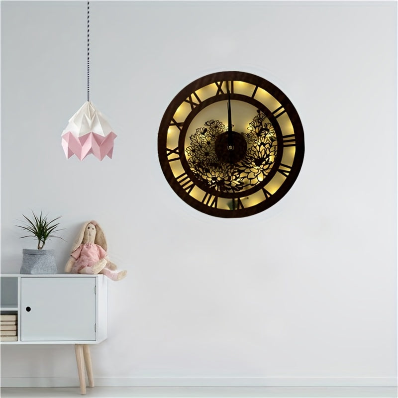 Retro Wooden LED Clock Lamp Flower Shape