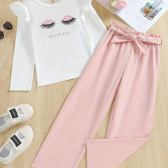 Girls 2pcs Ruffle Decor Top & Elastic Waist Pants With Belt