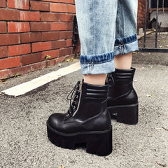 Women's Side Zip Platform Boots Lace Up Round Toe Shoes