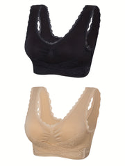 2 Pack Plus Size Sports Bra Set Women's Plus Contrast Lace Trim Cross Front Wire