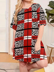 Leopard & Plaid Print Nightdress Short Sleeve Sleep Dress