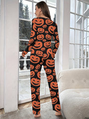 Pumpkin Print Halloween Pajama Set Long Sleeve Crew Neck Top & Elastic Waistband