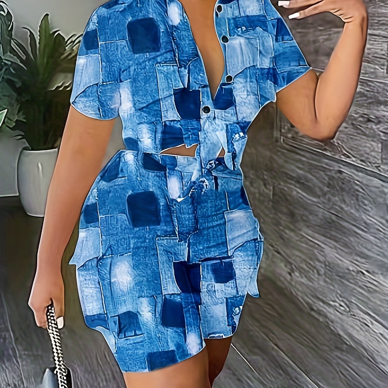 Denim Print Crop Top & Cargo Shorts Outfit Set Plus Size