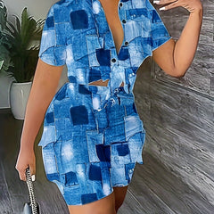Denim Print Crop Top & Cargo Shorts Outfit Set Plus Size
