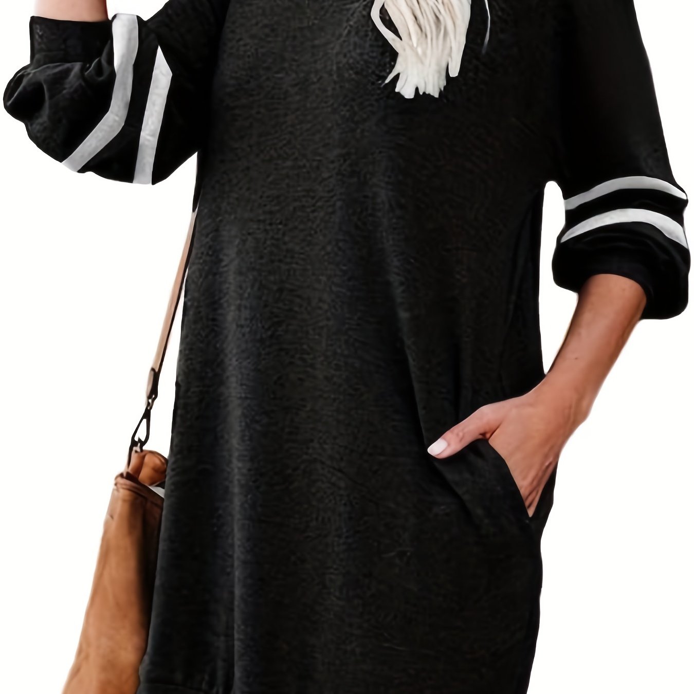 Striped Loose Sweatshirt Dress Crew Neck Long Sleeve Pockets