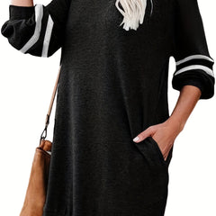 Striped Loose Sweatshirt Dress Crew Neck Long Sleeve Pockets