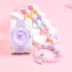 3pcs Girls' Magical Watch and Jewelry Set with Rainbow Beads Glowing Heart Charm