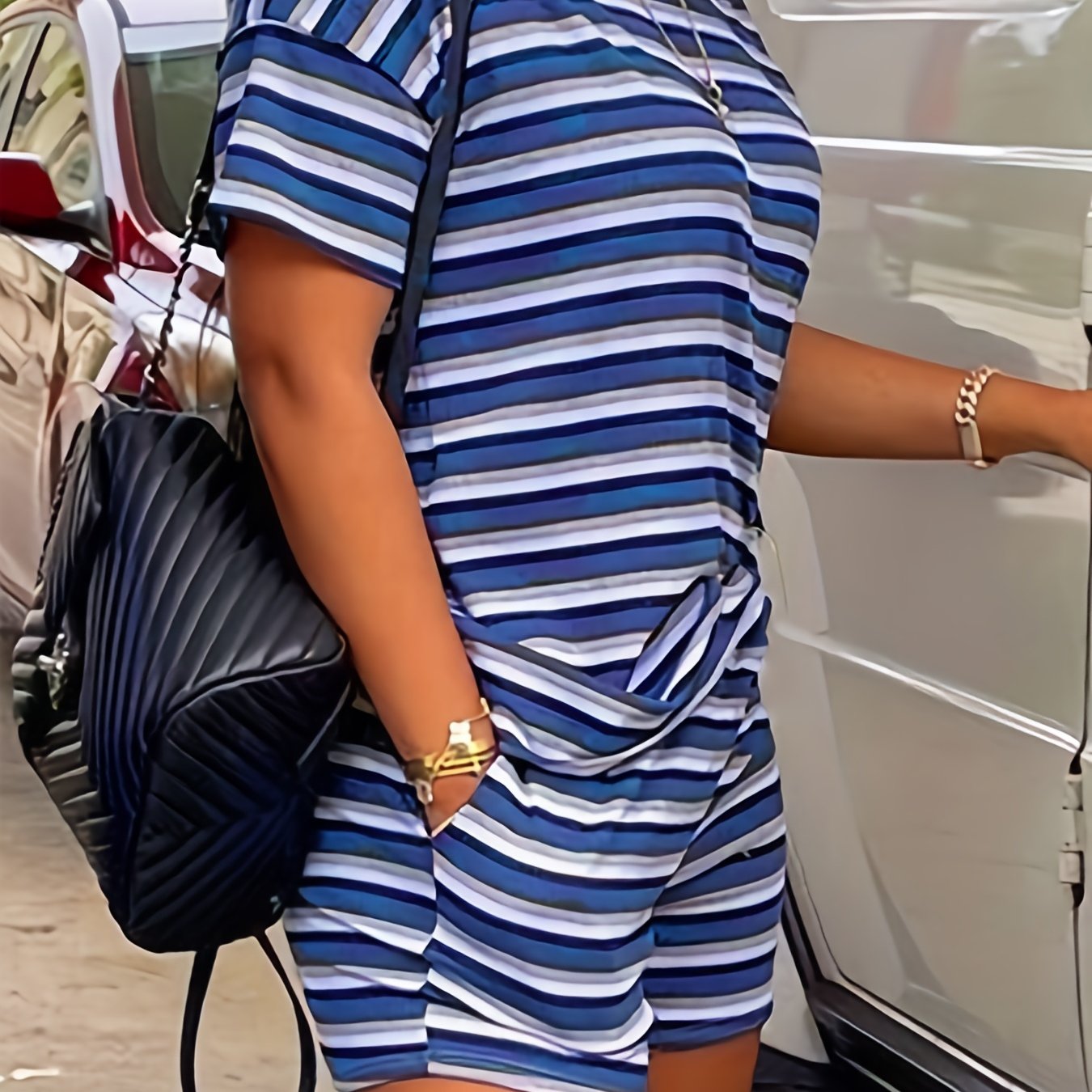 Striped Print Casual Two piece Set Crew Neck Short Sleeve Tee & Shorts