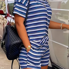 Striped Print Casual Two piece Set Crew Neck Short Sleeve Tee & Shorts