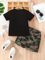 2pcs Boys Dad Fist Print Short Sleeve T shirt&Shorts Set Summer Clothing