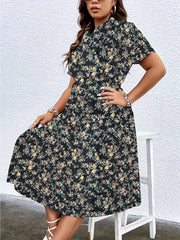Plus Size Boho Dress Women's Plus Floral Print Short Sleeve Belted Dress