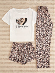3 Piece Heart & Leopard Print Sleep Set Lounge Pajamas Women's Loungewear