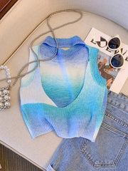 Tie Dye Backless Sweater Vest Sexy Crew Neck Sleeveless Vest