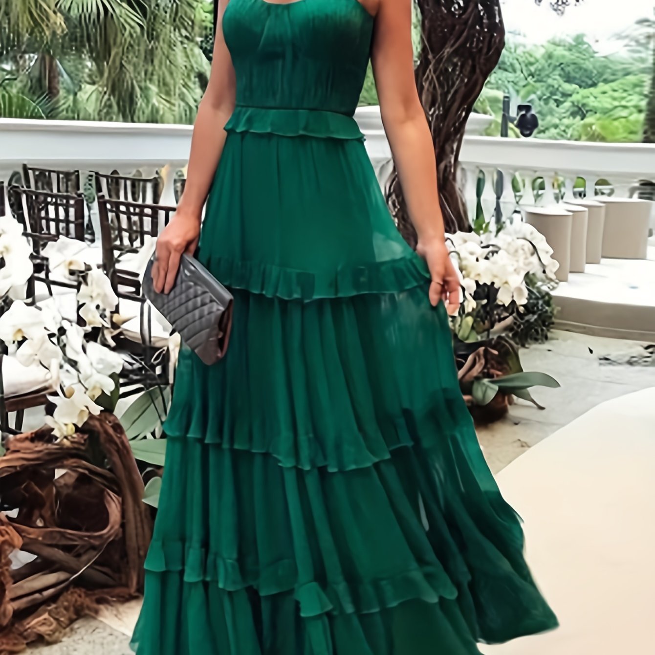 Women's V Neck Ruffle Trim Maxi Cami Dress