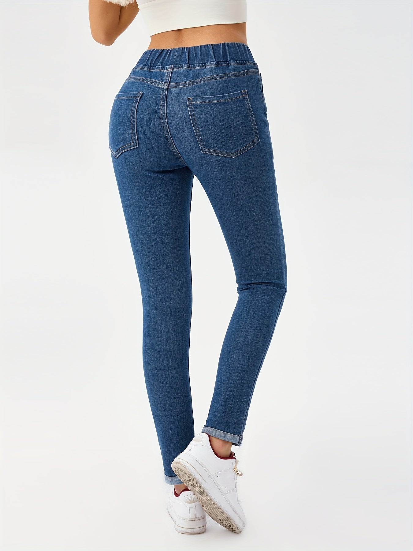 Elastic Waist Skinny Jeans Slim Fit Mid Stretch Versatile Denim Pants