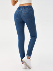 Elastic Waist Skinny Jeans Slim Fit Mid Stretch Versatile Denim Pants