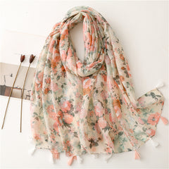 Women's Linen Pink Floral Print Fringe Scarf