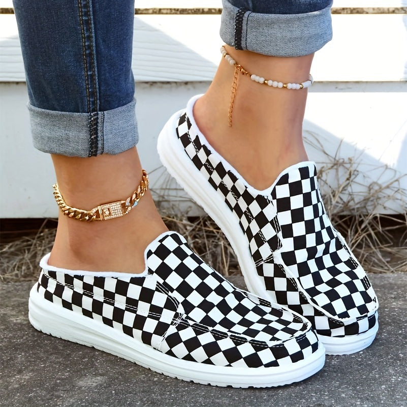 Women's Checkerboard Canvas Slip-On Loafers Flat Mules
