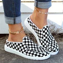 Women's Checkerboard Canvas Slip-On Loafers Flat Mules