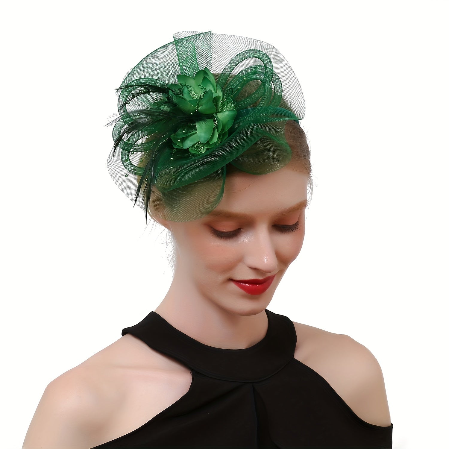 Lady Mesh Hat with Faux Feather Head Piece Accessories