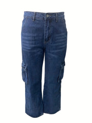 Dark Cargo Pants Flap Pockets Loose Fit Non Stretch Denim Y2K Style