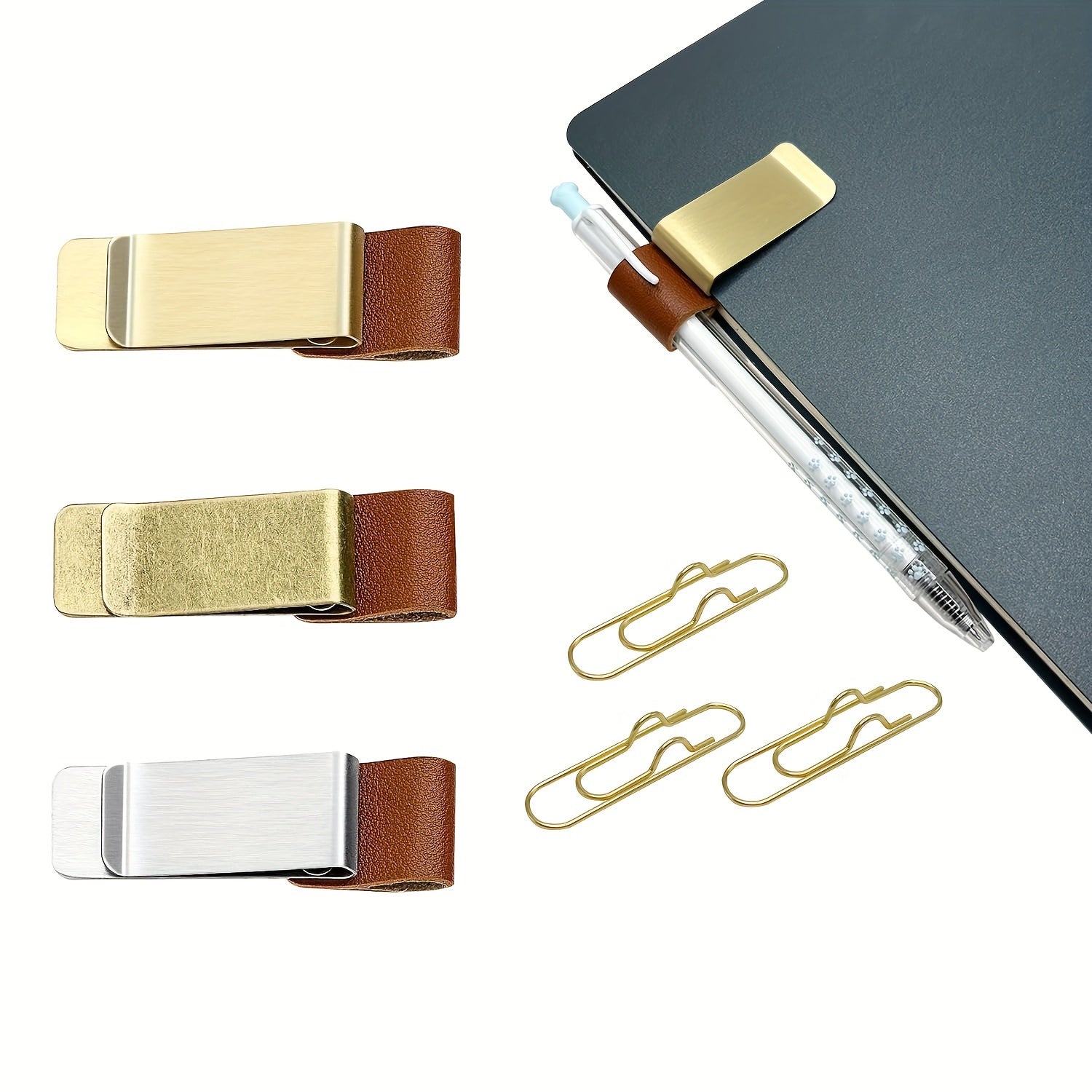 6pcs Notebook Pen Clip PU Leather Retro Holder Loop & Metal Clips Pencil Elastic