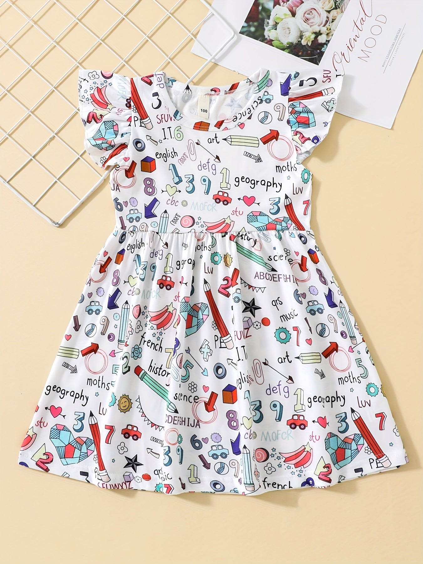 Girl's School Themed Cartoon Dress Stretch Flying Sleeve