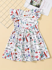 Girl's School Themed Cartoon Dress Stretch Flying Sleeve
