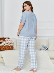 Letter Print Pajama Set - Short Sleeve Top & Gingham Print Pan