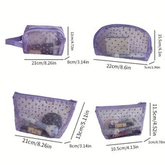Purple Mesh Makeup Bag Heart Pattern Cosmetic Zipper Pouch