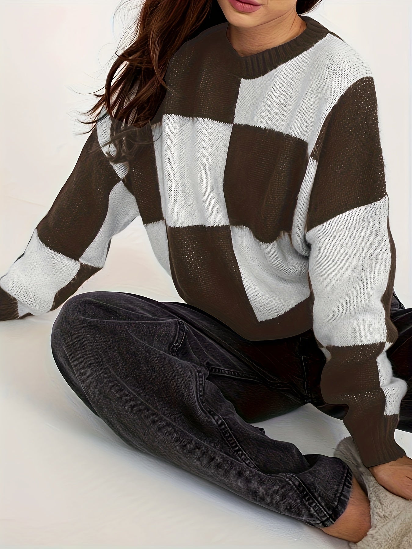 Casual Sweater Colorblock Grid Print Long Sleeve Round Neck Jumper