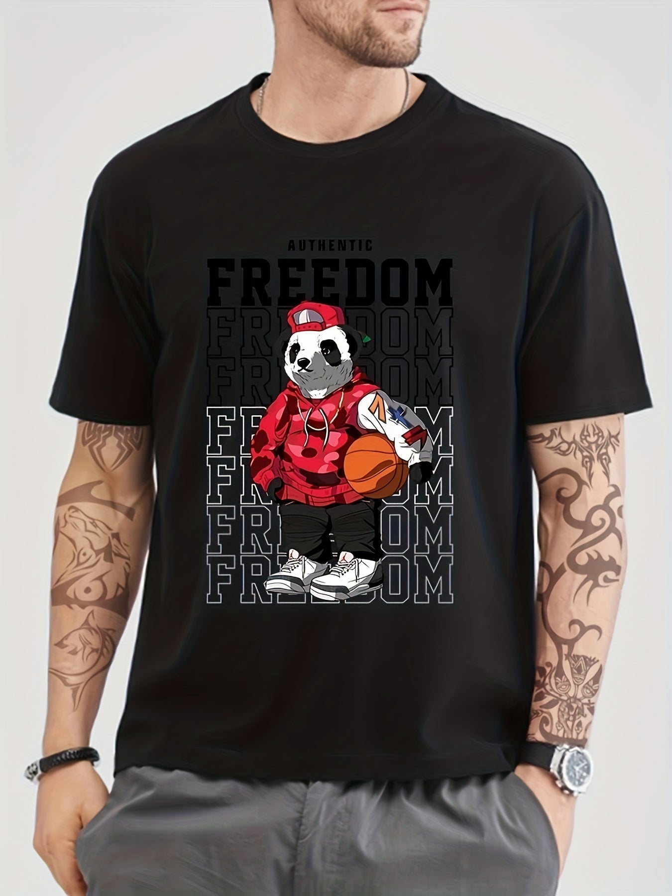 Cotton Anime Panda & Freedom Print Men's Graphic Tee Casual Comfy T shirt