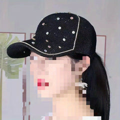 Rhinestone Decor Knitted Baseball Cap Sun Hat for Women