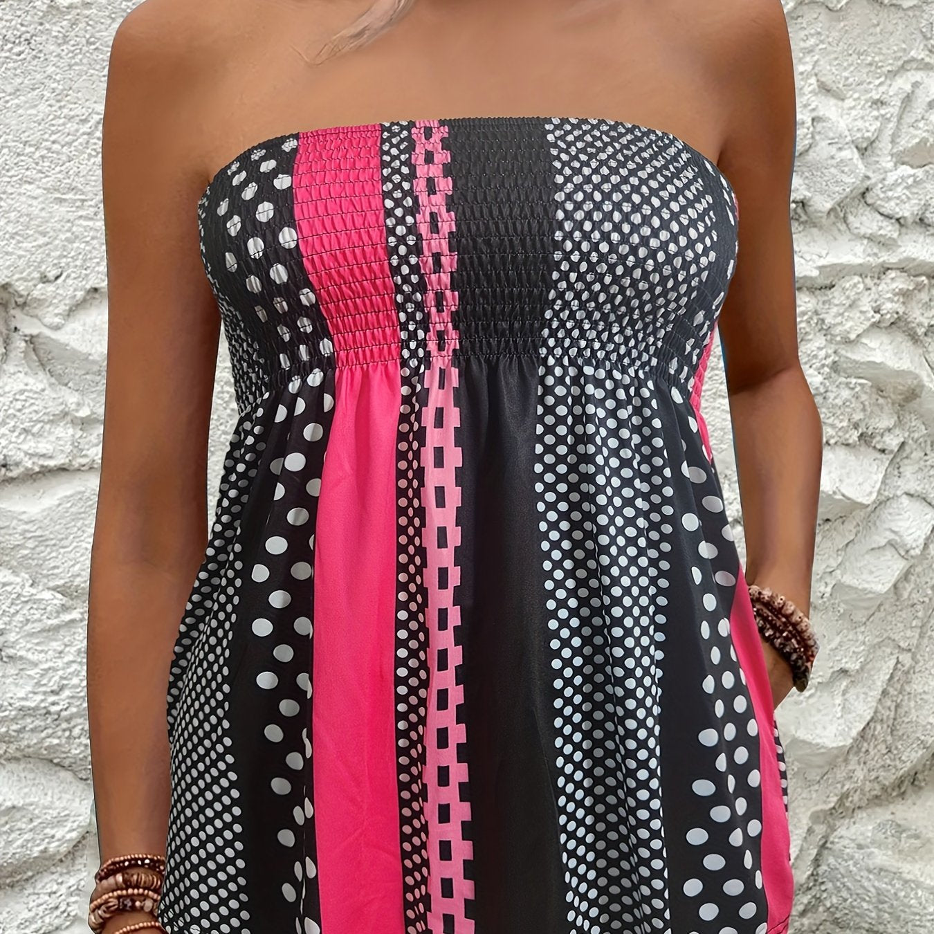 Colorblock Shirred Tube Top Geometric Print Sleeveless Top