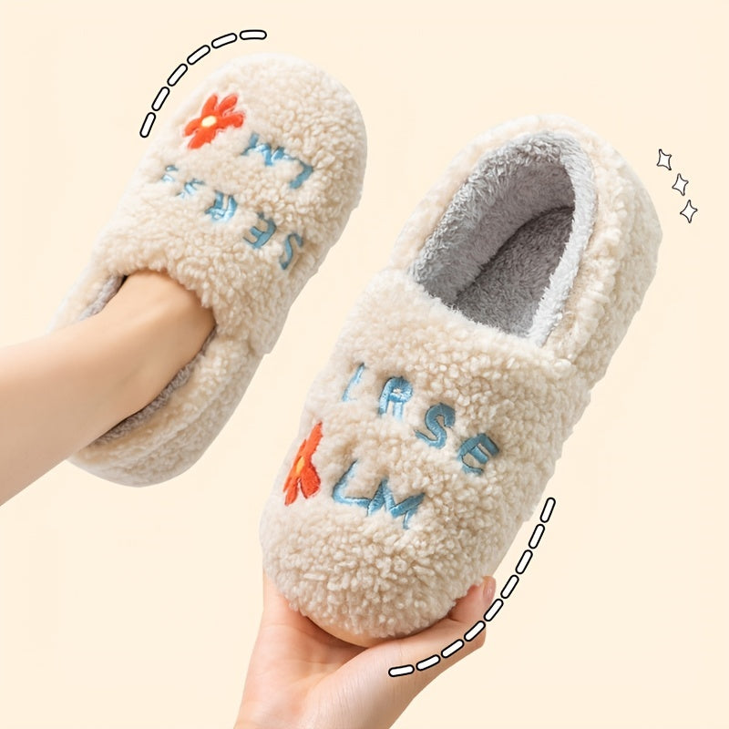 Letter Embroidered Fuzzy Slippers Plush Lined Slip On Shoes
