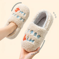 Letter Embroidered Fuzzy Slippers Plush Lined Slip On Shoes